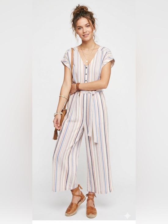 Pepe Jeans Pants - Pepe Jeans Querina Linen Blend Striped Wide Leg Jumpsuit XS Boho Coastal Summer